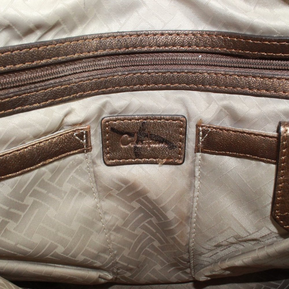 Cole Haan Gold Brown Leather Brass Buckle Double Handles Tote Shoulder Bag - Picture 10 of 12